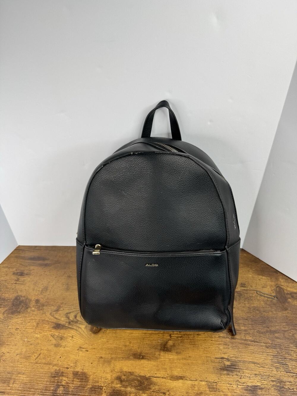 ALDO Black Pebbled Faux Leather Backpack Gold Zipper Minimalist Bag